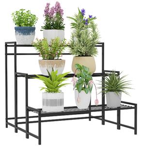 Outsunny 3-Tier Metal Plant Stand, Modern Ladder Shelf Flower Pot Holder for Indoor Outdoor, Display Shelf Rack for Garden Patio Balcony, Black