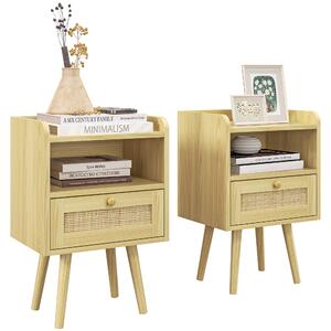 HOMCOM Bedside Table Set of 2, Boho Nightstand with Drawer, Storage Compartment, Natural Wood Finish Aosom UK