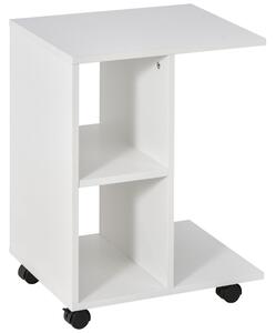 HOMCOM C-Shape End Table Unique Storage Unit w/ 2 Shelves 4 Wheels Freestanding Home Office Furniture Cabinet Square Studio White