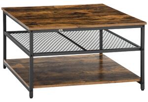 HOMCOM Coffee Table Industrial, Square Cocktail Table with 3-Tier Storage Shelves, Rustic Brown for Living Room