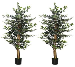 HOMCOM Artificial Ficus Tree in Pot, 130cm Tall Fake Plant with Lifelike Leaves and Natural Trunks, for Indoor Outdoor, Set of 2, Green