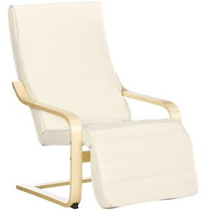 HOMCOM Wooden Lounging Chair Deck Relaxing Recliner Lounge Seat with Adjustable Footrest & Removable Cushion, Cream White
