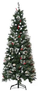 HOMCOM 6 Foot Snow Dipped Artificial Christmas Tree Slim Pencil Xmas Tree with 588 Realistic Branches, Pine Cones, Red Berries, Auto Open, Green