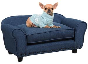 PawHut Dog Sofa for Small Dogs, Pet Chair Couch with Thick Sponge Padded Cushion, Kitten Lounge Bed with Washable Cover, Wooden Frame - Blue