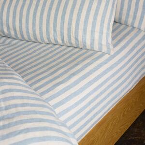 Piglet Coastal Blue Pembroke Stripe 100% Linen Fitted Sheet Size Double