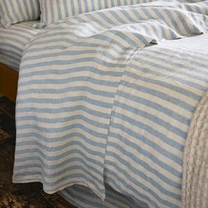 Piglet Coastal Blue Pembroke Stripe 100% Linen Flat Sheet Size King