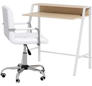 HOMCOM Office Chair and Desk Set, Faux Leather Swivel Chair, Study Desk with Storage Shelf, White