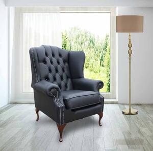 Chesterfield Flat High Back Wing Chair Bonded Black Real Leather In Mallory Style