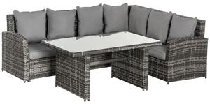 Outsunny 6-Seater PE Rattan Corner Dining Set Outdoor Garden Patio Sofa Table Furniture Set w/ Cushions, Grey