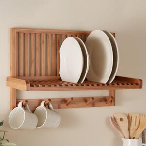 Bamboo Wall Mounted Plate Storage with Hooks Brown