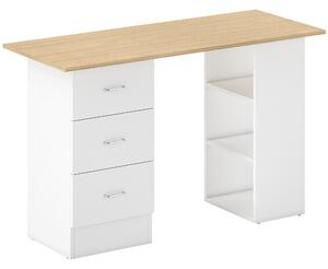 HOMCOM Computer Desk, Writing Table, PC Workstation with 3 Storage Shelves and Drawers, Silver Handle, for Home Office, Natural Wood Finish and White