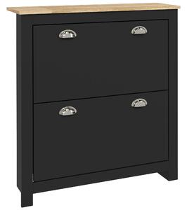 HOMCOM 2 Drawer Shoe Cabinet Modern Narrow Shoe Cupboard Hallway Wooden Storage Organiser with Flip Doors Adjustable Shelf for 12 Pairs, Black