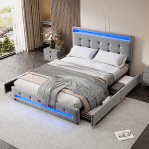 Velvet Upholstered Storage Double Bed with 4 Drawers and Soft Backrest, Sofa Bed Couch with LED Light Strips, 198L x 140W x 98H cm, Gray Aosom.UK