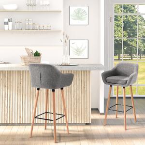 HOMCOM Set of 2 Bar Stools Modern Upholstered Seat Bar Chairs w/ Metal Frame, Solid Wood Legs Living Room Dining Room Fabric Furniture - Grey