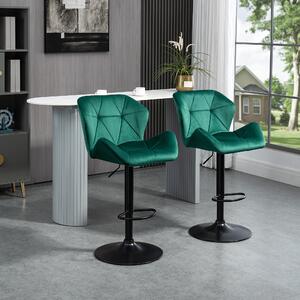 HOMCOM Set Of 2 Luxurious Velvet-Touch Bar Stools w/ Metal Frame Footrest Round Base Triangle Indenting Moulded Seat Adjustable Height Swivel Green