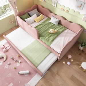 Upholstered Daybed with Pull-Out Trundle, Iron Frame and 2 U‑Shaped Bars, Bed Frame with Thick Foam Backrest, 197L x 99W x 70H cm, Pink Aosom UK