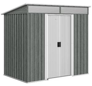 Outsunny 6.5 x 4FT Galvanised Metal Shed with Foundation Kit, Lockable Tool Garden Shed with Double Sliding Doors, Vents, Light Grey Wood Effect