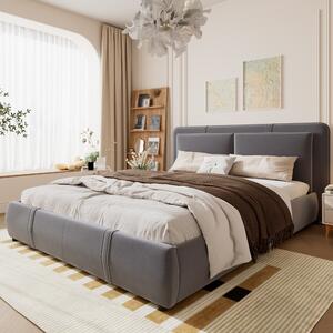 Upholstered Hydraulic Bed with Storage and Removable Headboard, Crafted Headboard with Velvet and Plywood, 210L x 159W x 90H cm, Grey Aosom UK
