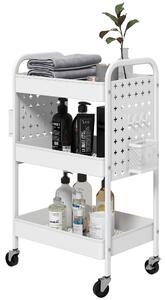 HOMCOM 3-tier Storage Trolley on Wheels, Rolling Utility Serving Cart with 3 Mesh Baskets, 2 Hanging Boxes and 6 Hooks for Living Room, Kitchen, White