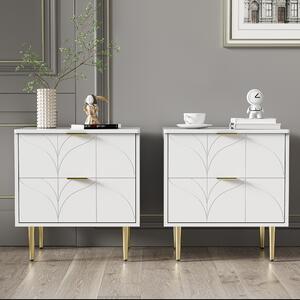 Set of 2 Modern Gold-Plated Accents Bedside Tables with 2 Drawers, Floral Pattern, Anti-Bump Design Cabinets, 50L x 40W x 54H cm, White Aosom.UK