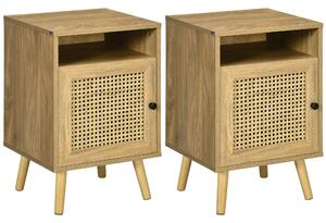 HOMCOM Bedside Table with Rattan Element, Side End Table with Shelf and Cupboard, 39cmx35cmx60cm, Set of 2, Natural