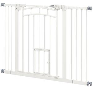 PawHut Stair Dog Gate with Cat Door, Pressure Fit, Auto Close, Double Lock, 74-100cm Openings, White