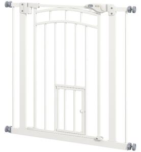 PawHut Safety Pet Gate, Pressure Fit Stair Gate with Cat Door, Auto Close, Double Lock, 74-80cm, White