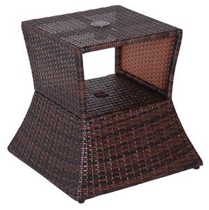 Outsunny Outdoor Patio Rattan Wicker Coffee Table Bistro Side Table w/ Umbrella Hole and Storage Space, Brown