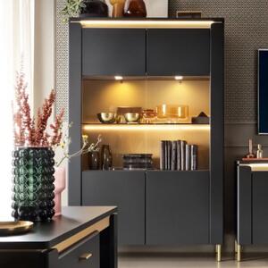 Gaffney LED Wooden Display Cabinet 2 Doors in Matt Black Gold