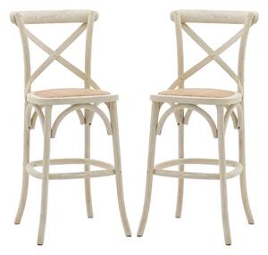 Caria White Wooden Bar Stools With Rattan Seat In Pair