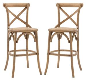 Caria Natural Wooden Bar Stools With Rattan Seat In Pair