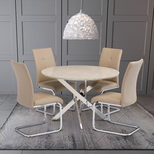 Capri 4 Seater Round Glass Top Dining Table, Marble Effect Beige