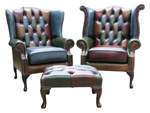 Chesterfield Original Patchwork Pair Of Queen Anne Wing Chairs Antique Real Leather