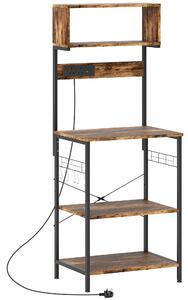 HOMCOM Bakers Rack with Power Outlet, USB Charger, Microwave Stand with Adjustable Shelves, 5 Hooks for Small Spaces, Kitchen Storage Unit for Spices, Pots and Pans, Rustic Brown