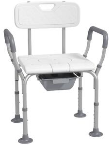 HOMCOM Height Adjustable Shower Stool with Arms and Back, Non-Slip Bedside Commode, Detachable Bucket, White Aosom UK