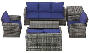 Outsunny 6 Pieces Outdoor Rattan Wicker Sofa Set Sectional Patio Conversation Furniture Set w/ Storage Table & Cushion Navy Blue