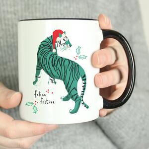 Personalised Green Tiger Christmas Black Handled Mug Soft Black