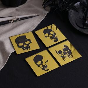 Gold and Black Set of 4 Mirrored Skull Silhouette Coasters Gold