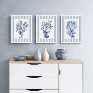 Set of 3 Shibori Coral Striped Framed Prints Blue