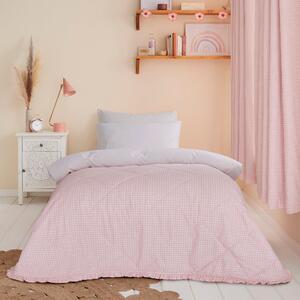 Peach Pink Gingham Ruffle 100% Cotton Bedspread Pink/White