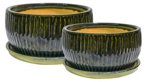 Set of 2 Round Reactive Glaze Bonsai Plant Pots Emerald