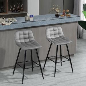 HOMCOM Set of 2 Bar Stools Velvet-Touch Dining Chairs Kitchen Counter Chairs Fabric Upholstered seat with Metal Legs, Backrest, Grey