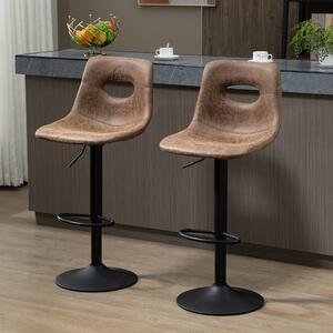 HOMCOM Retro Bar Stools Set of 2, Counter Height Swivel Leather-Like Bar Chairs Adjustable Kitchen Island Stools with Backrest Footrest for Pub Brown