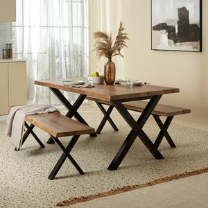 Ezra Rectangular Dining Table with 2 Benches, Brown Oak
