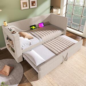 3ft Upholstered Daybed With Cup Holders, 3 USB and Type‑C Charging Ports, Single Sofa Bed for Compact Room, 207L x 98W x 74H cm, Beige Aosom UK