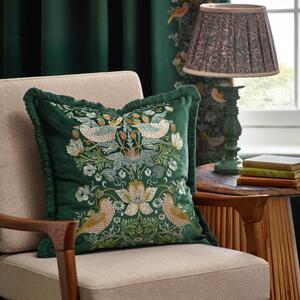 Morris & Co. Strawberry Thief Embroidered Velvet 50cm x 50cm Filled Cushion Green