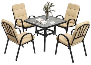 Outsunny 5 Pieces Outdoor Square Garden Dining Set w/ Tempered Glass Dining Table 4 Cushioned Armchairs, Umbrella Hole, Beige