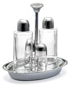 Oval ALEX Cutlery Set for Oil, Vinegar, Salt, and Pepper in Polished Steel with Crystal Glass Bottles