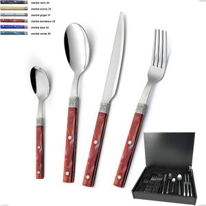 24-Piece Boheme Cutlery Set in Wooden Box, Stainless Steel (Aisi 304) with Engraved Ring and Classic Decor Silver Finish