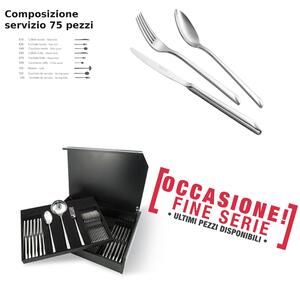 75-Piece Cutlery Set in Wooden Case, Goccia Line with Hollow Handle Knife, EME Stainless Steel 18/10 (AISI 304), 4 mm Thickness